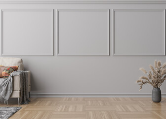 Room with parquet floor, grey wall with moldings and empty space. Sofa, vase, pampas grass. Mock up interior. Free, copy space for your furniture, picture, decoration and other objects. 3D rendering.