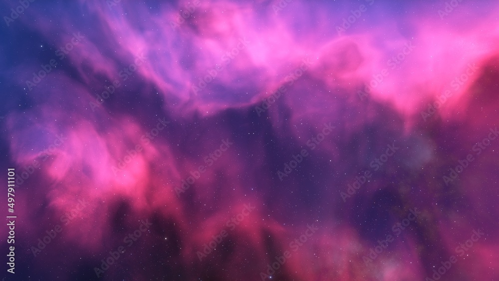 Wall mural nebula gas cloud in deep outer space, colorful space background with stars, 3d render