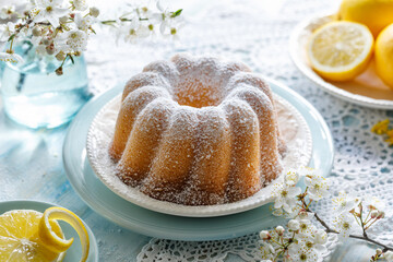 Lemon bundt cake, Babka sprinkled with powdered sugar on a festive table decorated with spring flowers, close up view