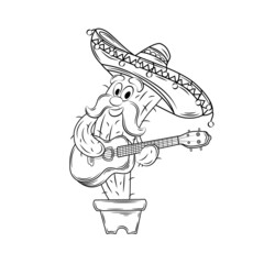 Cinco de Mayo concept. Cute cactus with mustache and sombrero holds guitar in hands. Plant character plays musical instrument. Greeting card for Mexican holiday. Cartoon flat vector illustration