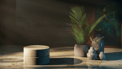 3D rendering of a display pedestal in an inviting home gallery with lush green plants
