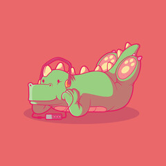 Cute Dino Character with headphones vector illustration. Funny, mascot, music design concept.