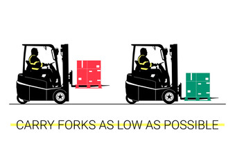 Carry forks as low as possible. Forklift hazards concept with two silhouettes. Flat vector. © norsob