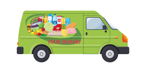 Delivery car designed with assortment of food. Meat products, fish, milk, vegetables, fruits, chicken, eggs, water, juice, coffee, tea, oil. Transportation service of supermarket, store, warehouse.