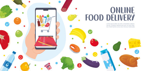 Food delivery background with meal and hand holding a smartphone, paying order online. Creative concept of online grocery shopping in store. Vector illustration, cartoon, banner, flyer.