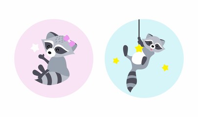 Vector illustration with two cute raccoons. Cartoon illustrations for children. Posters for the children's room. Cards for children's learning.