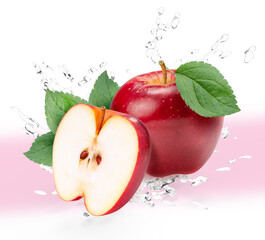 Fresh Red apple falling in the air with splash water isolated on white background, Apple on white...