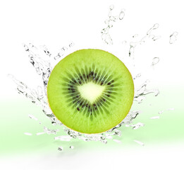 Fresh Kiwi fruit falling in the air with splash water isolated on white background, Kiwi fruit on white background With clipping path.