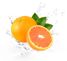 Fresh Orange fruit falling in the air with splash water isolated on white background, Orange fruit on white background With clipping path.