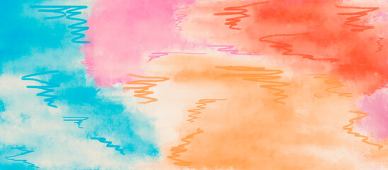 Watercolor multicolored background of brush strokes of orange, yellow, beige, pink, blue