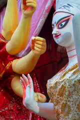 Kolkata, West Bengal, India - 7th October 2018 : Clay idol of Goddess Saraswati, under preparation for "Durga Puja' festival in Kumartuli . Biggest festival of Hinduism, celebrated all over the world.