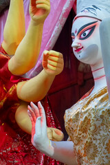 Kolkata, West Bengal, India - 7th October 2018 : Clay idol of Goddess Saraswati, under preparation...