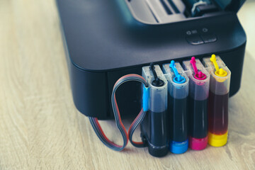 Close up printer on the office desk. Concept of copier or photocopier workplace equipment for...
