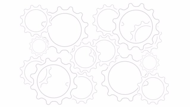 Background vector video (animation) of a gear train, on which the gear wheels rotate in different directions on a white background (loading screen)