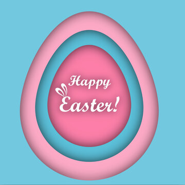Vector illustration "Happy Easter" with multilayer paper cut blue and pink eggs; The Holiday postcard for spring holidays with bunny ears