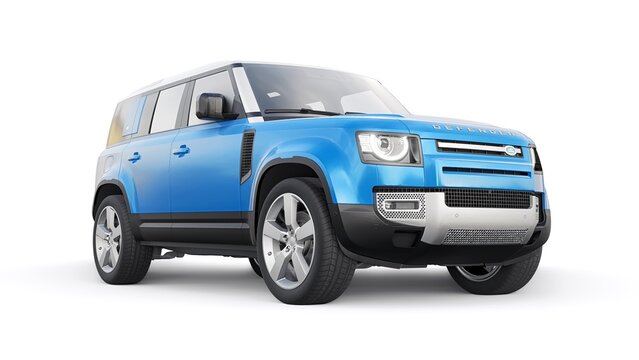 Tula, Russia. February 16, 2022: Land Rover Defender 2020. Blue Expedition SUV for rural areas and outdoor activities. 3d render