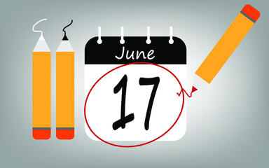 Calendar day 17 june black. calendar page circled with various colored pencils white and red