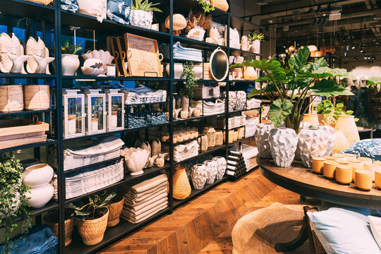 View of assortment of decor for interior shop in store of shopping center. Home accessories and household products in store of shopping centre. Home plant in flower pot.