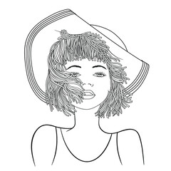 Doodle Portrait Young Lady. Girl in a hat with large fields, Short Hair,  Smile. Coloring Book Page for Adult and Children. Vector Illustration on Transparent Background.