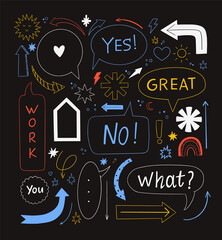 Outline minimalist vector collection of arrows; speech bubbles; words; stars; moons and other signs. Typography and simple shapes. Perfect for brand; identity; stamps; logotypes; advertising; stickers