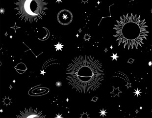 Modern hand drawn vector seamless pattern of planet, star, sun, comet. Universe line drawings. Solar system and Cosmos background. Trendy space signs with magic motifs, constellation, moon phases © Kate Macate