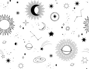 Modern hand drawn vector seamless pattern of planet, star, sun, comet. Universe line drawings. Solar system and Cosmos background. Trendy space signs with magic motifs, constellation, moon phases