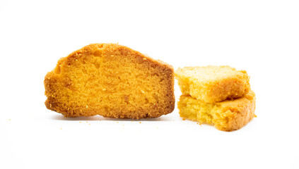 crispy rusk close up on white background, selective fous, dry cake