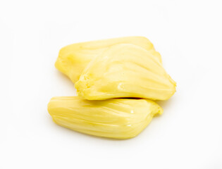 a pieces of Jack fruit in plate isolated on a white background, top view