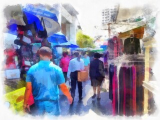 Landscape of the Holiday Market in Bangkok watercolor style illustration impressionist painting.