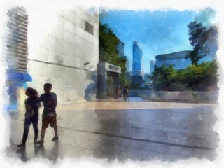 Obraz premium Skywalk landscape in Bangkok watercolor style illustration impressionist painting.
