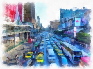 Bangkok city landscape watercolor style illustration impressionist painting.