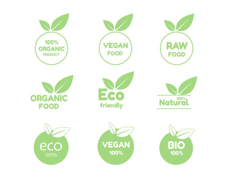 Set of vegan green icons. Vegan product 100 percent. Vegan green logo. Vegetarian food label. Collection logos and badges for healthy food