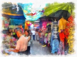 Landscape of the Holiday Market in Bangkok watercolor style illustration impressionist painting.