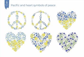 Pacific and heart made of blue and yellow flowers. Watercolor flowers