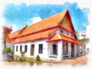 Fototapeta na wymiar Landscape of ancient buildings in Bangkok watercolor style illustration impressionist painting.