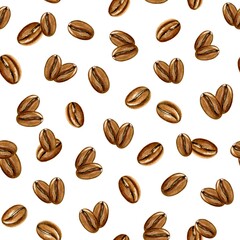 Watercolor seamless pattern of coffee beans on a white background. It is well suited for the design of coffee shops