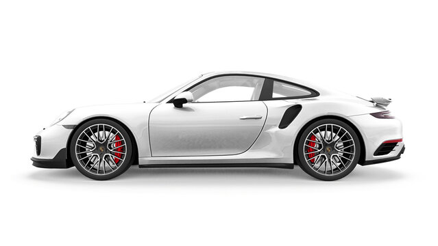 Paris, France. March 25, 2021: Porsche 911 Turbo S 2016 white sports car coupe isolated on white background. 3d rendering.