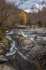 Stunning vibrant landscape image of Aira Force Upper Falls in Lake District during colorful Autumn showing