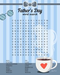Father's Day word search puzzle. Holiday crossword suitable for social media post. Trivia game. Party card. activity worksheet. Vector illustration
