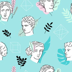 Seamless pattern with ancient greek statues in bright graphic style