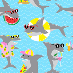 Seamless pattern with cool sharks in sunglasses