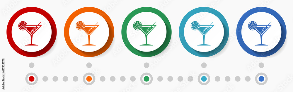 Poster drink, alcohol concept vector icon set, infographic template, flat design colorful web buttons in 5 