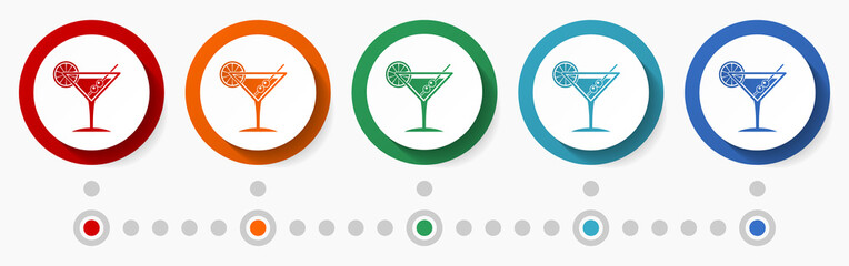 Drink, alcohol concept vector icon set, infographic template, flat design colorful web buttons in 5 color options