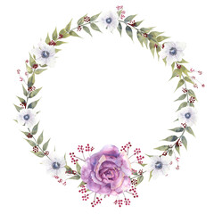Floral wreath with purple roses and anemones on a white isolated background. Hand-drawn watercolor illustration