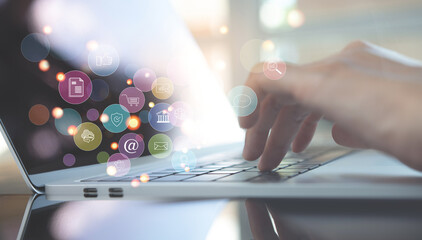 Internet of Things IoT, digital marketing, online shopping concept, Woman using laptop computer with internet network connection, social media, technology icons