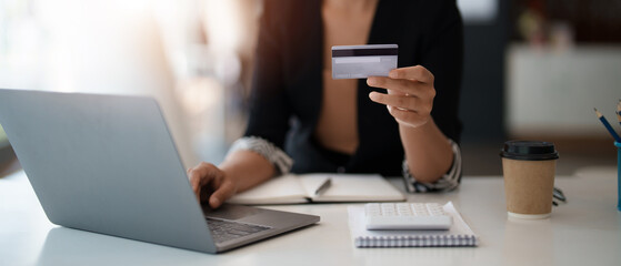 Young woman holding credit card and using laptop computer. Businesswoman working at home. Online...