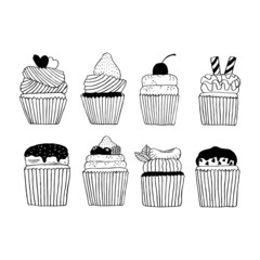 Hand drawn vector illustration of sweet cup cake collection in doodle art style on white background