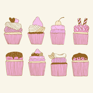 Hand drawn vector illustration of sweet pink cupcake collection in doodle art style