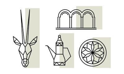 Arabic symbols of Qatar. Traditional  drink, animal oryx icon. Hospitality elements for design. Vector