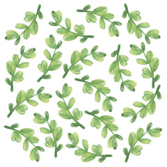 Background of branches with leaves. Watercolor style. Images for the design of postcards, posters and other printed products. Isolated image on a white background.